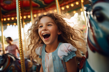 Obraz premium Laughing girl child having fun at merry -go-round at fun fair