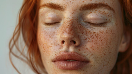 Red-haired woman with freckles standing isolated on the background inclusive beauty closed eye, happy face close-up