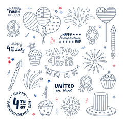 Big set with doodle national symbols of American Independence day. Cute fireworks, Uncle Sam hat, medal, cupcake, balloons, flag, lettering, etc. Hand drawn outline patriotic signs for 4th July.