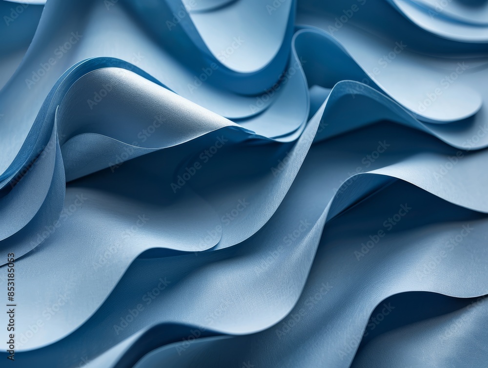 Poster closeup of blue paper waves, emphasizing the texture and depth in a minimalist setting