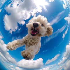 A dog is flying through the sky in a circle.