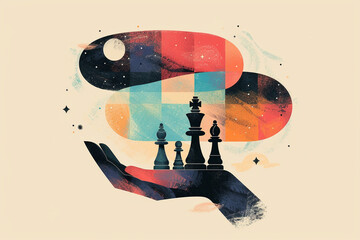 Chess board game, hands with pieces. Table board set up figures ready to play. Concept of business ideas and competition, leadership and strategy plan success meaning. International world chess day