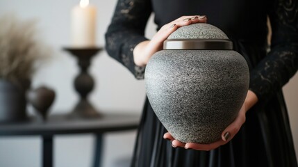 Woman dressed in black holding a granite cremation urn containing cremation ashes of her deceased husband, cremation and funeral service concept.
