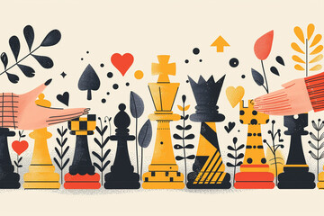 Chess board game, hands with pieces. Table board set up figures ready to play. Concept of business ideas and competition, leadership and strategy plan success meaning. International world chess day