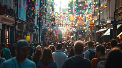 Busy street festival with colorful balloons hanging over a crowd of people enjoying a sunny day in the city center outdoors event celebration