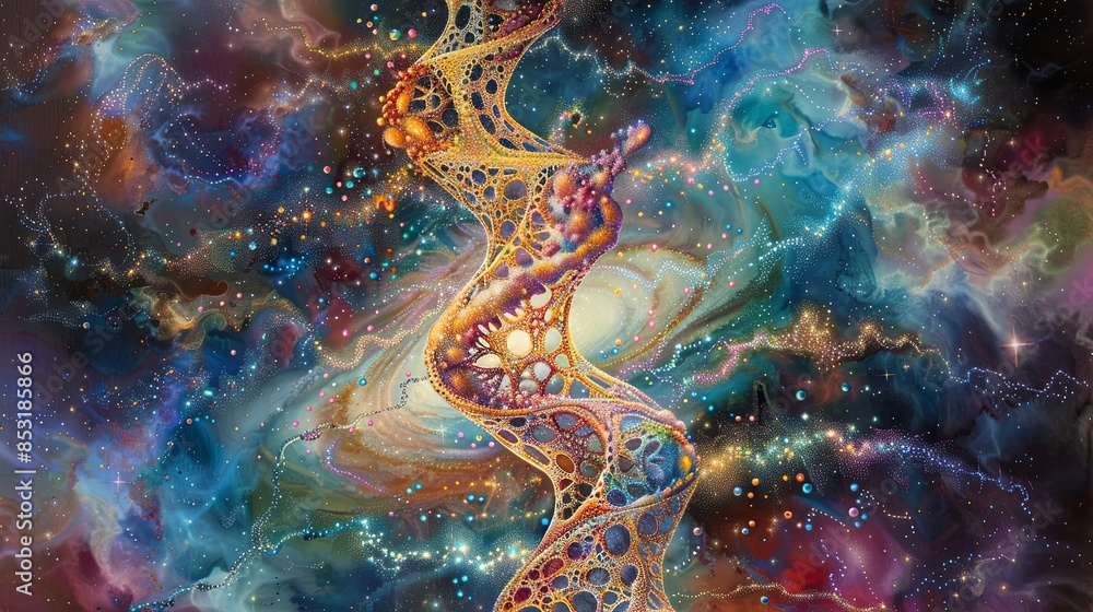 Poster golden helix dna, adorned with intricate patterns, floats gracefully through vast expanse of space