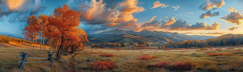 Autumn Landscape With Colorful Trees and Blue Sky in the Mountains