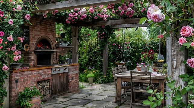 outdoor farmhouse kitchen with a brick oven, a wooden countertop, and a dining table set under a pergola covered in climbing roses, surrounded by a lush garden