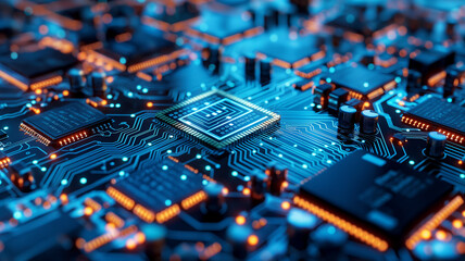 Obraz premium Close-up view of a high-tech microchip on a circuit board, illuminated by vibrant blue and orange lights, representing the cutting-edge advancements in artificial intelligence and computing.