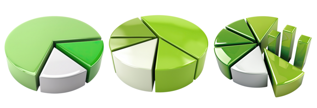 Set of green and white pie charts with varying segments, isolated on a white background, representing data analysis and statistics.