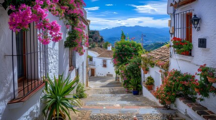Naklejka premium Cobblestone Street With Potted Plants