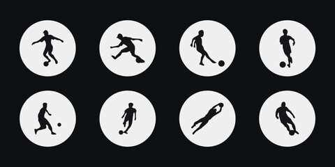 Football. Set of black silhouettes of football players. Playing a game of soccer. Vector on black background	