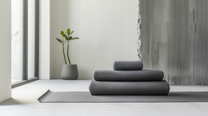 Yoga mats and potted plant in serene setting with natural light streaming through window
