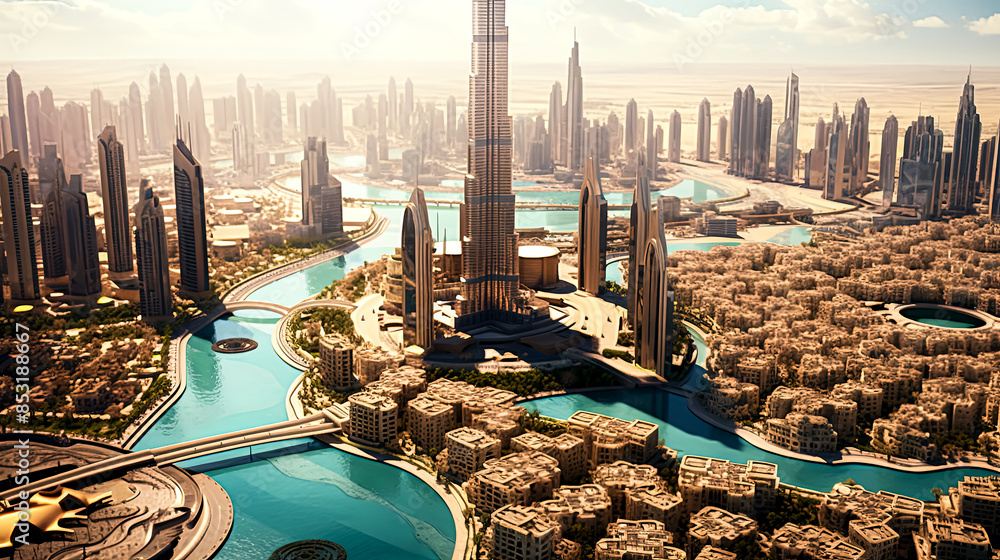 Poster a city with a large building in the middle and a river running through it