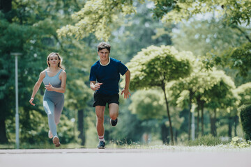 A couple runs through a lush green park, enjoying the outdoors and staying fit. They are focused and determined.