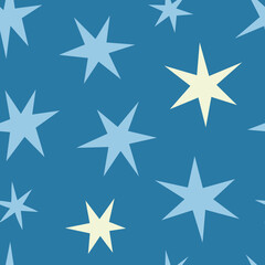 Obraz premium Abstract seamless pattern with different hand drawn stars. Background with simple doodle elements. Blue colors. Vector illustration.
