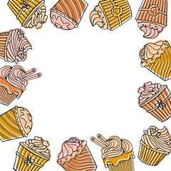 Frame from hand drawn linear cupcakes with color. Background for cafe, menu, vector