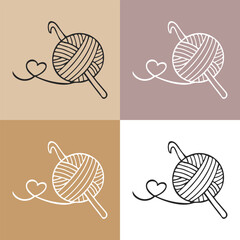 Knitting icons set, skein of yarn and hook. Hobby concept, vector