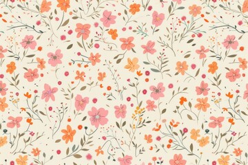 Floral pattern with pink and orange flowers, leaves, and berries on light beige background for fashion and beauty design