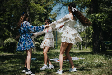 Fototapeta premium Three happy sisters engage in a playful dance outdoors, surrounded by trees in a lush park, expressing joy and togetherness.