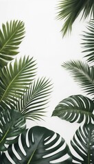 Minimalist composition of green tropical palm leaves against a clean white background, creating a serene and natural aesthetic