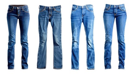 Multiple pairs of blue jeans in fashion set apart on a white background