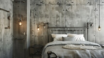 bedroom with concrete walls, a minimalist metal bed, and industrial lighting fixtures