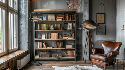 cozy corner in an industrial loft with a reclaimed wood bookshelf, metal floor lamp, and a vintage leather armchair