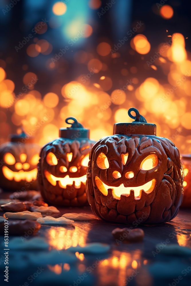 Poster halloween pumpkins on a table with bokeh in the background