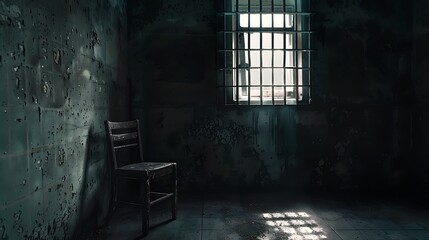 A single chair sits in a dark, abandoned prison cell, a sliver of light filtering through the barred window.