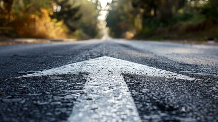 Fototapeta premium Road with white arrow painted on pointing forward, direction achievement aspiration marking