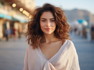 Obraz premium Woman With Curly Hair Smiles in City Street