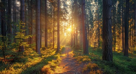 Fototapeta premium Sunlight Filtering Through Tall Trees in a Forest Path