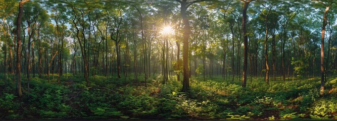 Deer Grazing in a Sun-Dappled Forest at Dawn
