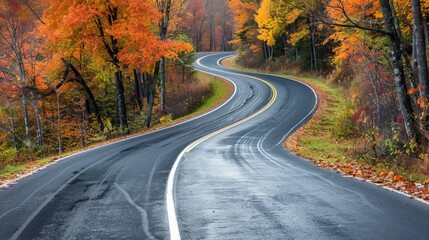 Winding Asphalt Road Through Autumn Forest Landscape