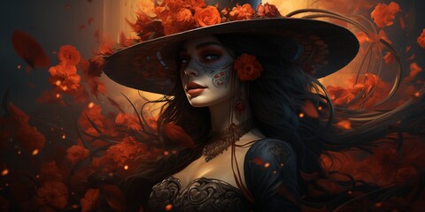 Fototapeta premium Woman in Red Flower Crown and Hat