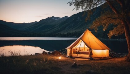 Sunset camping by the lake with a glowing tent, surrounded by mountains and calm waters, creating a picturesque and tranquil outdoor retreat