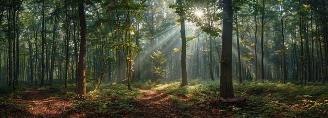 Sunbeams Illuminating a Foggy Forest Path