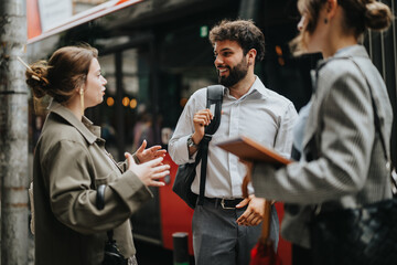 Group of three businesspeople having a friendly conversation outdoors in an urban setting near a bus stop, exchanging ideas and collaborating.