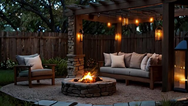 Cozy Outdoor Patio with Fire Pit, Sofa, and String Lights