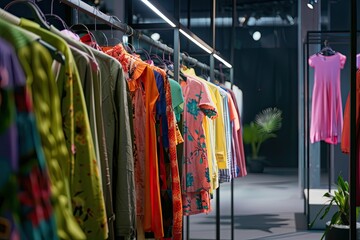 Stylish Fashionable female clothes in boutique