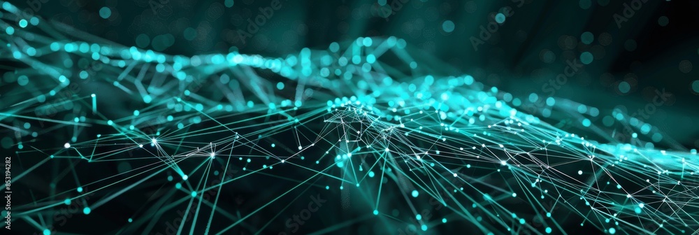 Poster minimalist tech background featuring teal web lines and glowing particles on a black canvas, offerin