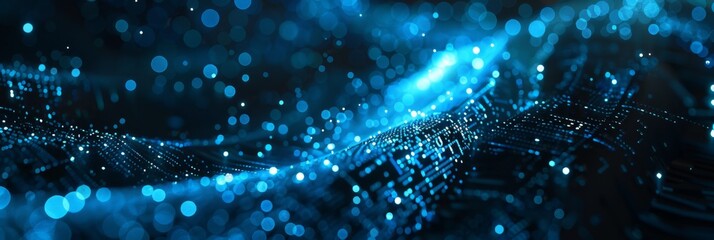 Abstract tech background with vibrant blue data particles and subtle connections, creating a futuristic look