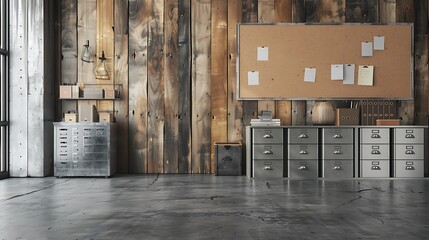 home office with a concrete floor, a metal filing cabinet, and a large corkboard wall for notes and inspiration