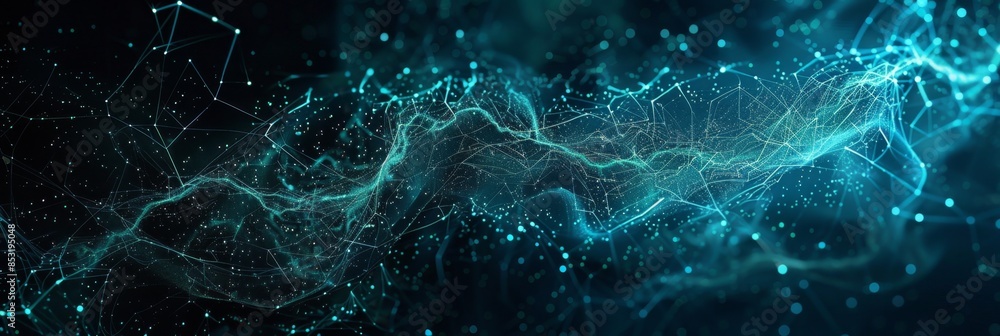 Aufkleber minimalist tech background featuring teal web lines and glowing particles on a black canvas, offerin