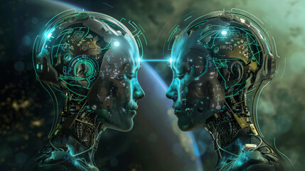 Two robot heads with blue eyes and green bodies. The robots' heads look at each other. Technology concept.