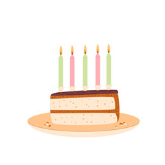 Birthday cake slice. Sweet holiday bakery piece. Pastry dessert with cream and candles for breakfast. Vector pie flat illustration isolated on white background.