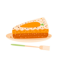 Slice of carrot cake on plate and fork. Sweet bakery piece portion. Pastry dessert with cream for breakfast. Vector pie hand drawn illustration isolated on white background.