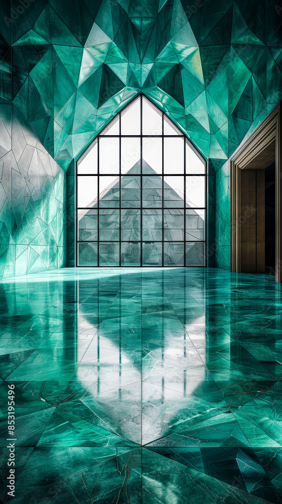 Poster 3d render of teal triangular tile wall with polished semigloss finish and large window showing geome