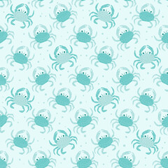 Blue crabs seamless pattern. Underwater world endless background. Crustaceans repeat cover. Vector hand drawn flat illustration.